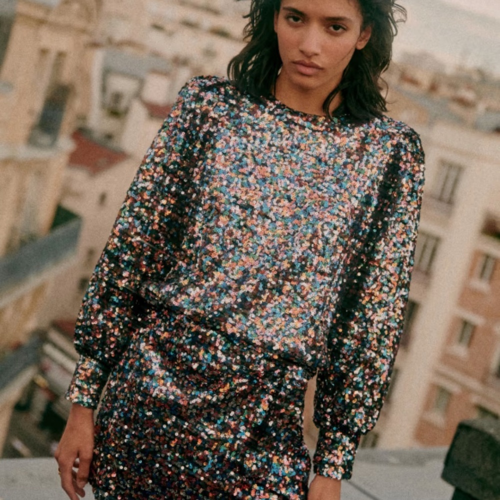 Sezane Multicolor Sequin Long-Sleeve Top